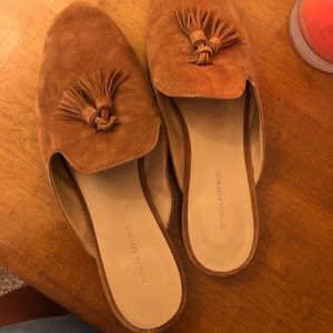 Brown suede Banana Republic slides.